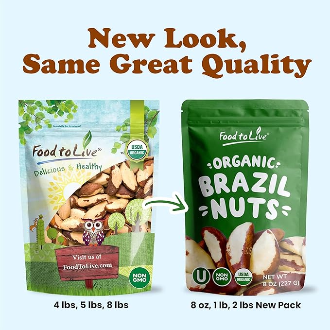 Food to Live Organic Brazil Nuts, 5 Pounds Non-GMO, Raw, Whole, No Shell, Unsalted, Kosher, Vegan, Keto, Paleo Friendly, Bulk, Trail Mix Snack, Good Source of Selenium, Low Sodium & Carb Food