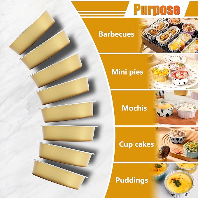 Disposable Aluminum Baking Cups Bulk, 50Pcs Gold Mini Cake Pans with Clear Lids for Muffin, 7.2oz