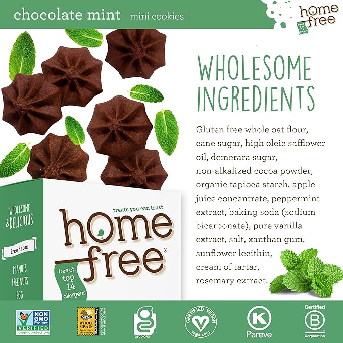 Homefree Chocolate Mint Mini Cookies, Gluten Free, Nut Free, Vegan, School Safe, and Allergy Friendly Snack, 5 oz. Box (Pack of 1)