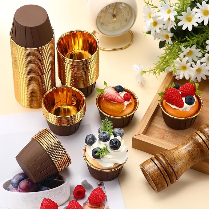 300 Pack Brown Gold Cupcake Cups Bulk Disposable Foil Muffin Liners 3.5 oz Wrappers for Baking Aluminum Paper Mini Metallic Disposable Holiday Party Wedding Festival Supply