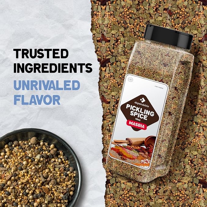 Dependable Foods Pickling Spice - 10 oz. Jar - Easy Dispensing Lid – Kosher, Non-GMO Pickling Spice Mix for Vegetables, Canning Pickles, & More