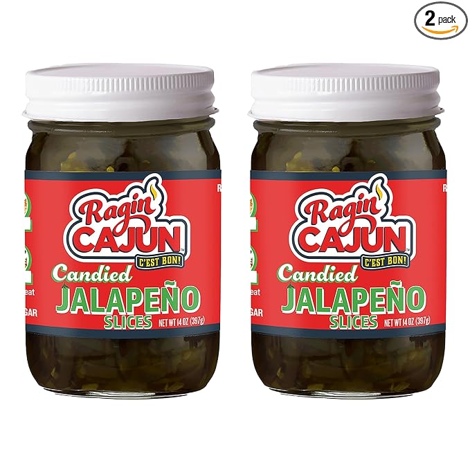 Candied Jalape챰o Slices 12 fl oz Ragin' Cajun Foods - Sweet and Spicy Pickled Peppers for Snacking, Sandwich Toppings, and Garnishes - Perfect for Adding Heat and Flair to Your Dishes (Pack of 2)
