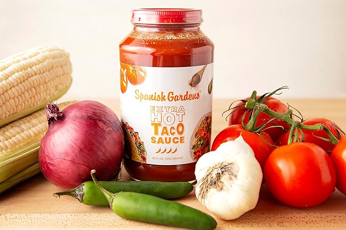 Spanish Gardens Taco Sauce (6 Pack) ??Extra Hot Taco Sauce for Authentic Mexican Food ??Original Family Recipe, Super Spicy Sauce for Tex Mex Food (23 oz)