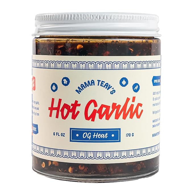 Mama Teav's Hot Garlic Chili Crisp - Spicy, Crunchy, Umami Chili Oil with Garlic & Cambodian Chilis - Vegan, Gluten-Free, All-Natural - Cold-Pressed Grapeseed Oil - 6oz Jar