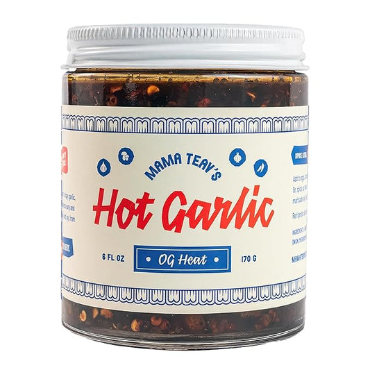 Mama Teav's Hot Garlic Chili Crisp - Spicy, Crunchy, Umami Chili Oil with Garlic & Cambodian Chilis - Vegan, Gluten-Free, All-Natural - Cold-Pressed Grapeseed Oil - 6oz Jar