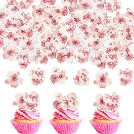 60 Pack Edible Cherry Blossom Cupcake Toppers Cherry Flowers Cake Toppers Rice Paper Wafer Paper Cake Picks for Cherry Blossom Bridal Shower Baby Shower Kids Birthday Cake Decorations Color 1