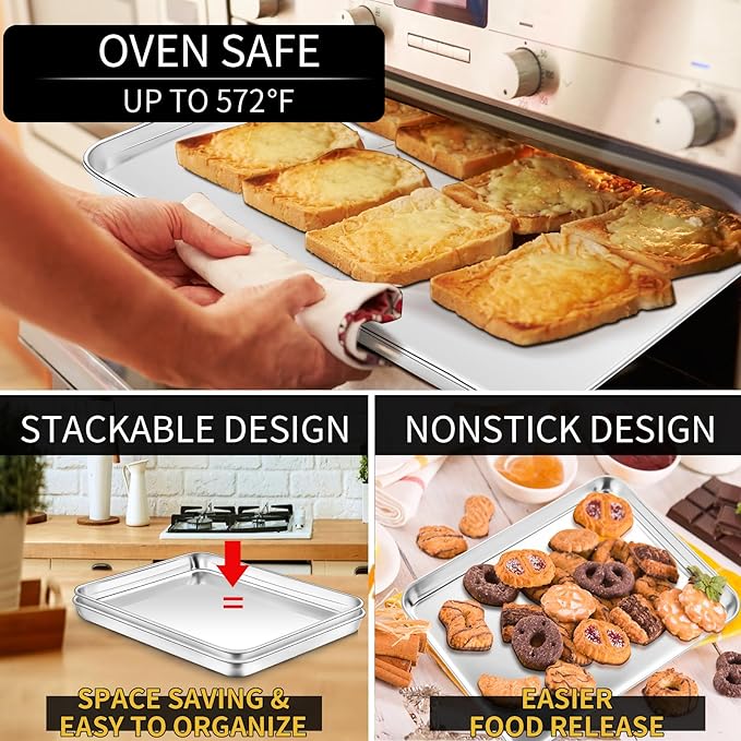 Stainless Steel Baking Sheet Set, 2 Pcs Half Cookie Sheet Pan Baking Trays for Oven, Non Stick and Heavy Duty and Easy Clean, 17.71 x 13.7 x 1 Inch