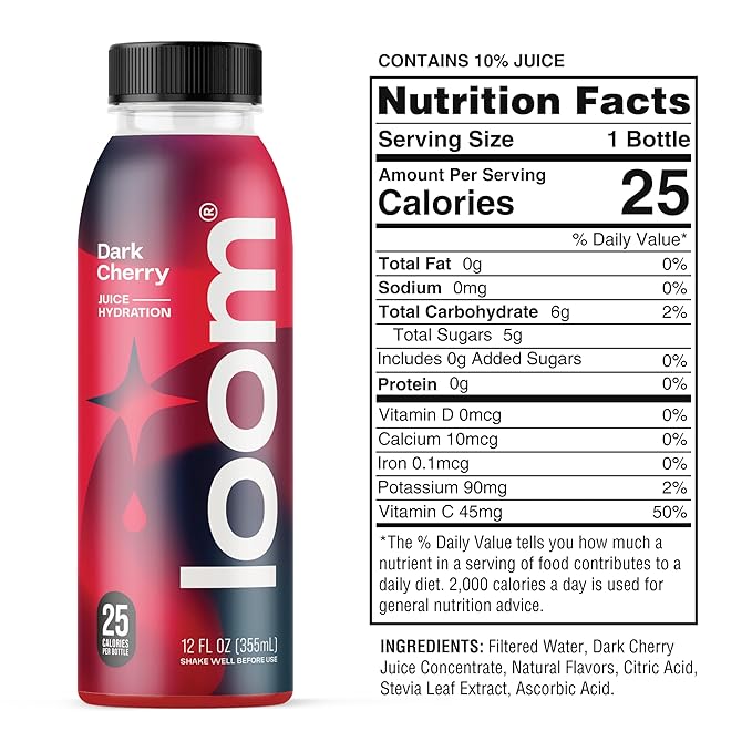 Dark Cherry Juice Drinks by Loom, Low Sugar Juice, Real Fruit, No Added Sugar, 30 Calories, Vegan, Gluten Free, 12 oz bottles, 12 pack