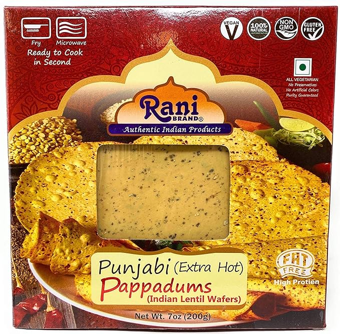 Rani Pappadums (Indian Lentil Wafer Snack) Punjabi Papad - Extra Hot, 7oz (200g) Approximately 15pc, 7 inches ~ All Natural | Gluten Friendly | NON-GMO | Vegan | Indian Origin