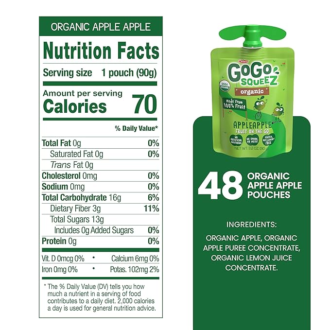 GoGo squeeZ Organic Applesauce and Fruit Puree, Apple Apple, 3.2 oz (Pack of 48), Unsweetened Organic Fruit Snacks for Kids, Gluten Free, Nut Free and Dairy Free, Recloseable Cap, BPA Free Pouches