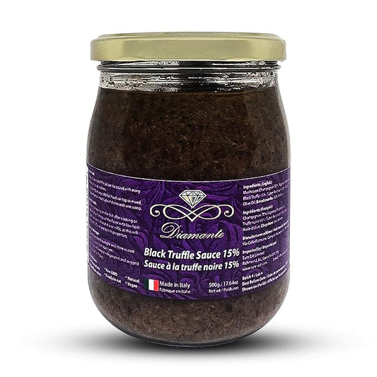 Diamante Italy Black Truffle Sauce with High 15% Black Truffle Content - Authentic Italian Gourmet Black Truffle & Mushroom Sauce - Non GMO, Vegan & Made in Italy - 500g