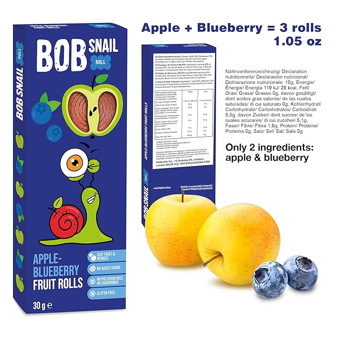 BOB SNAIL Healthy Organic Fruit Snacks for Kids and Adults ??30 Organic Fruit Leather Snacks with Pear & Apple, Blueberry, Mango ??Vegan Low-Carb Variety Pack Strips for Kids ??Sugar Free Jerky Bars