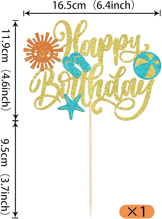 Rsstarxi 1 Pack Summer Beach Happy Birthday Cake Topper Slippers Sun Umbrella Starfish Summer Pool Cake Pick for Hawaiian Holiday Pool Theme Birthday Party Cake Decorations Gold