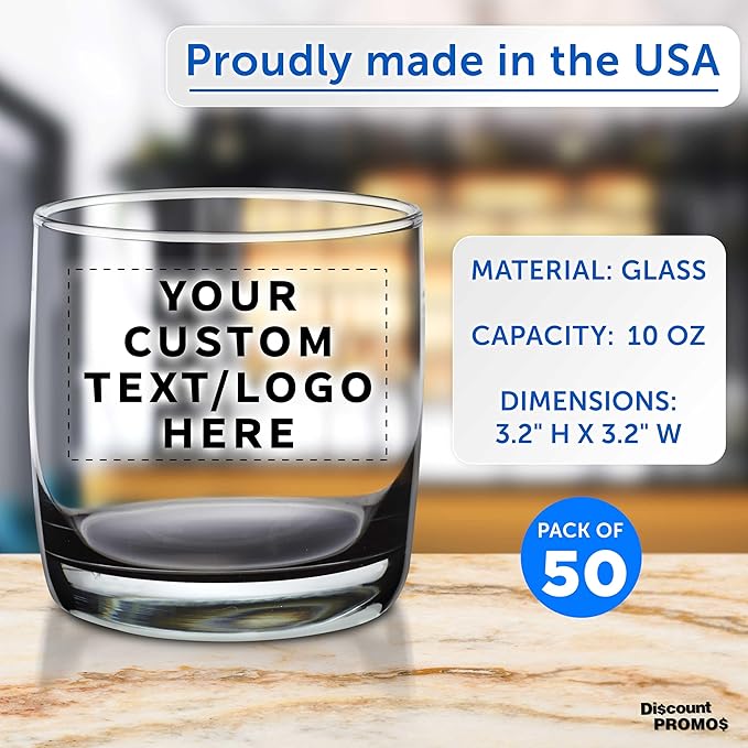 DISCOUNT PROMOS Custom Whiskey Glasses 10 oz Set of 50, Personalized Bulk Pack - Heavy Base Old Fashioned Glass, Perfect for Scotch, Bourbon, Whiskey, Cocktail - Black Bottom Color