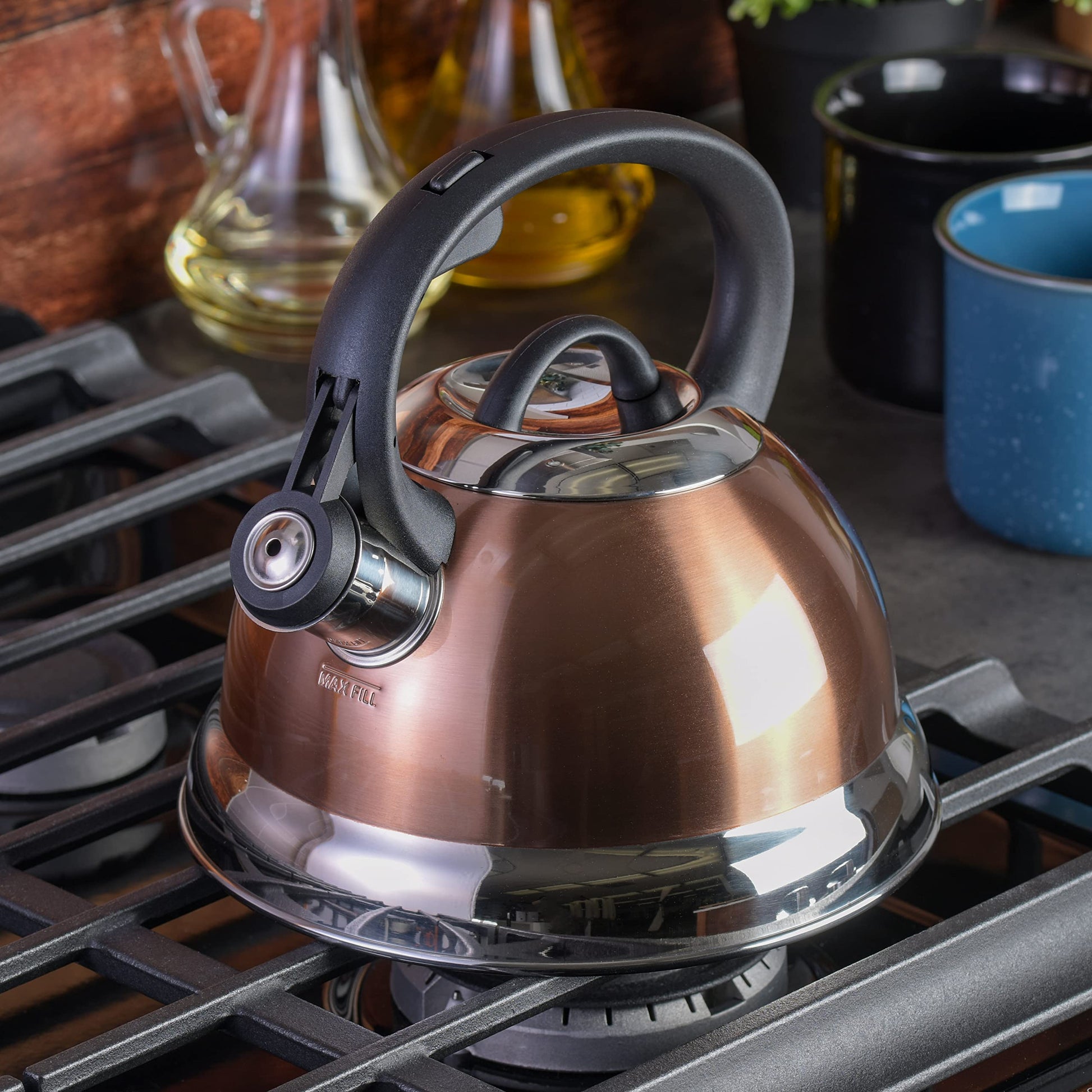 Mr. Coffee Flintshire 1.75-Quart Stainless Steel Whistling Tea Kettle with Nylon Handle – Copper