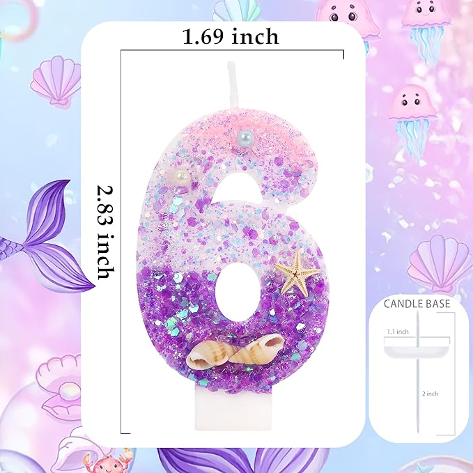 Purple Mermaid Party Number 6 Cake Candles, 2.76 inch Birthday Candle, Cake Topper Decoration for Birthday Party (Number 6)