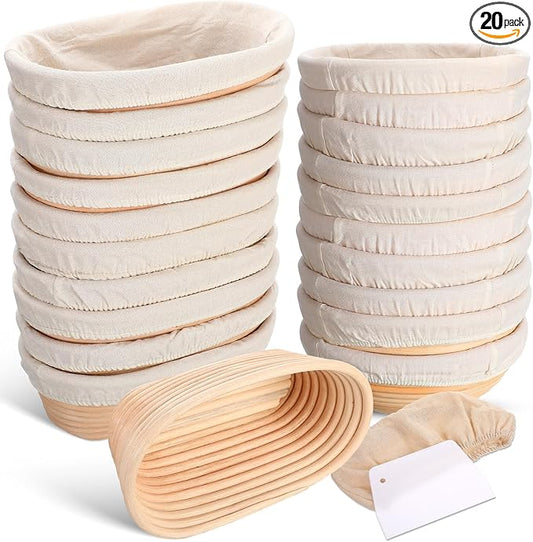 Gejoy 20 Sets Bread Proofing Baskets Bulk Shaped Banneton Dough Proofing Bowls Kit with Cloth Liner and Plastic Scraper Sourdough Proofing Basket for Home Sourdough Bakers (Round, Oval, 9'', 10'')