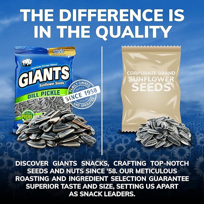 GIANTS Dill Pickle Sunflower Seeds - Sunflower Seeds Bulk, Big Sunflower Seeds to Eat, Roasted Pickle Sunflower Seeds, 8g Protein Per Serving - 5 oz Resealable Bags (Pack of 12)