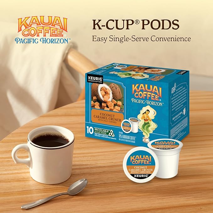 Kauai Coffee K-Cup Pods for Keurig Brewers – Arabica Coffee, 10% Hawaiian – Medium Roast, Nutty Caramel with Tropical Coconut – Coconut Caramel Crunch, 1 Pack of 10 Single Serve K-Cups