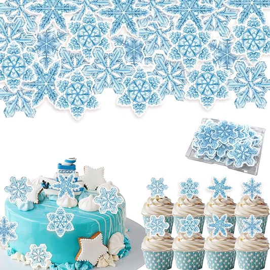 48Pcs Edible Cake Cupcake Toppers Snowflakes - Wafer Paper Edible Cake Decorations & Snowflake Cupcake Toppers for Christmas, Winter Birthday Party Decor Supplies (Light Blue & White)