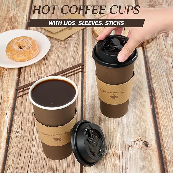 LITOPAK 100 Pack 20 oz Paper Coffee Cups, Brown Disposable Coffee Cups with Lids, Sleeves, Sticks, Drinking Cups for Hot Coffee, Water or Juice, Hot Paper Cups for Home, Restaurant, and Store
