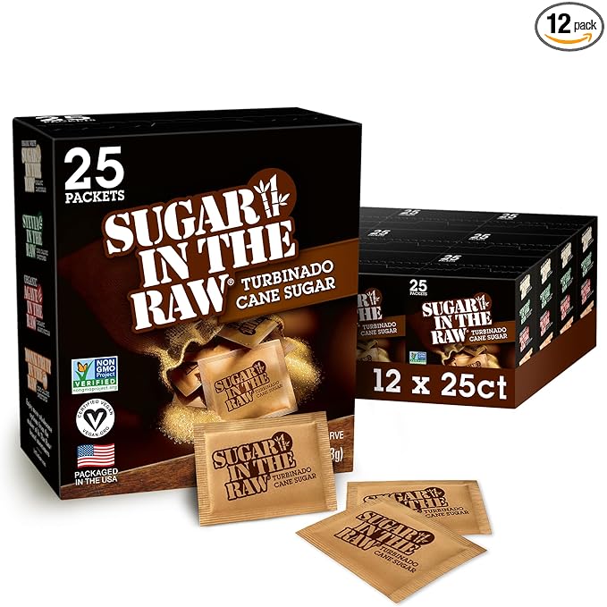 Sugar In The Raw Turbinado Cane Sugar Packets, 25 Ct Box, 12 Pack, Pure, All-Natural Turbinado Sugar, Non-GMO Project Verified, Kosher, Vegan and Gluten Free