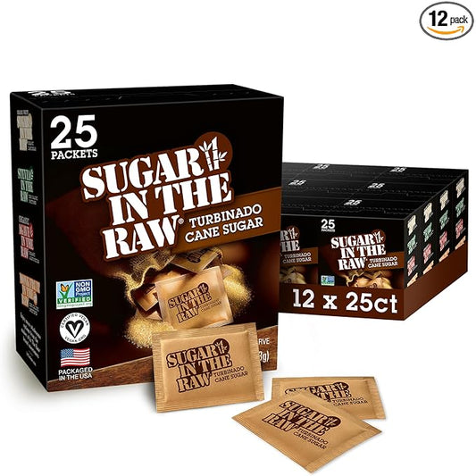 Sugar In The Raw Turbinado Cane Sugar Packets, 25 Ct Box, 12 Pack, Pure, All-Natural Turbinado Sugar, Non-GMO Project Verified, Kosher, Vegan and Gluten Free
