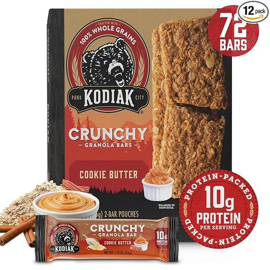 Kodiak Cakes Crunchy Granola Protien Snack Bars, Cookie Butter, High Protein, 100% Whole Grains, 12 boxes with 6 pouches (144 bars)