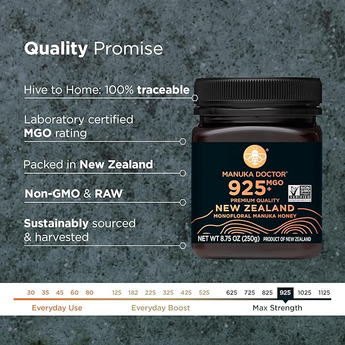 MANUKA DOCTOR - MGO 925+ Manuka Honey Monofloral, 100% Pure New Zealand Honey. Certified. Guaranteed. RAW. Non-GMO (8.75 oz)