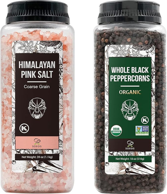 Soeos Himalayan Pink Salt Coarse 39 oz + Organic Black Peppercorns 18 oz, Salt for Grinder Refill, Salt and Peppercorns, Pepper Grinder Refill, Non-GMO Spice Seasoning Set For Cooking