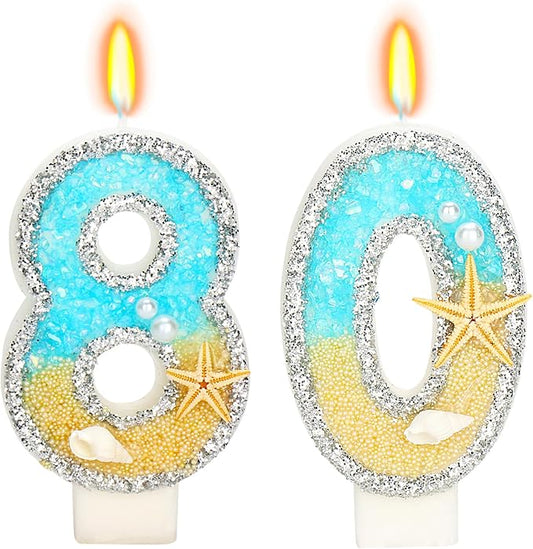 Birthday Candle for Cake, Beach Starfish Sequins Candles, 2.76 inch Cake Topper Decoration for Birthday Party (Number 80)
