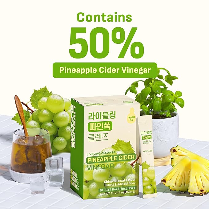 [Liveling] Pineapple Cider Vinegar Drink Stick ??ShineMuscat Flavor | Supports Digestion, Daily Cleanse, Sugar-Free, Low-Calorie, Portable On-The-Go Packets (30 sticks)