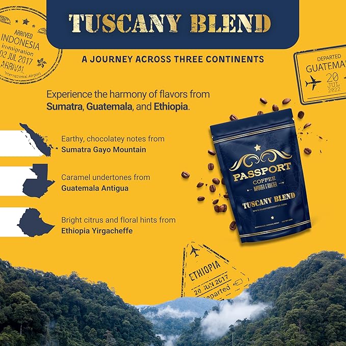 Passport Coffee Tuscany Blend - Medium & dark roast blend from Sumatra, Guatemala & Ethiopia. Flavor notes of caramel and rich chocolate. Premium whole bean coffee, 12oz Bag