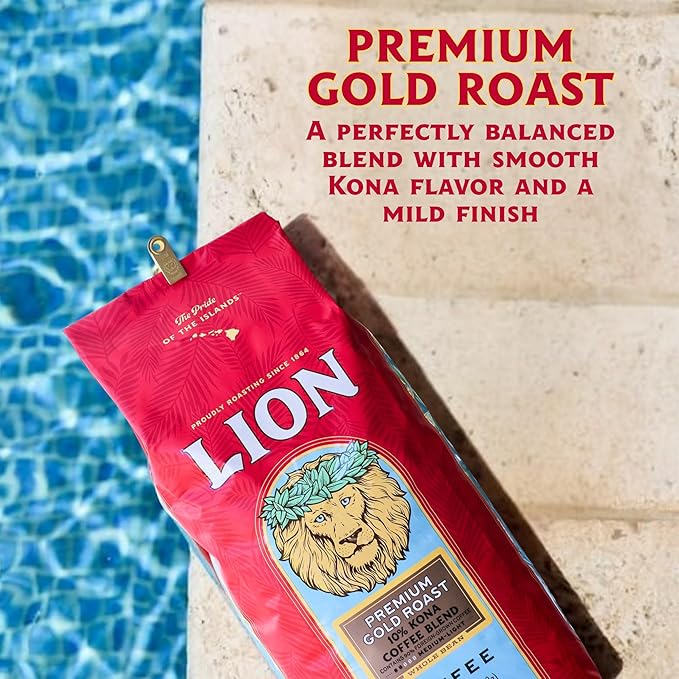 Lion Coffee Premium Gold Roast, 10% Kona Coffee Blend, Medium-Light Roast, A Taste of Aloha - Ground, 24 Ounce Bag