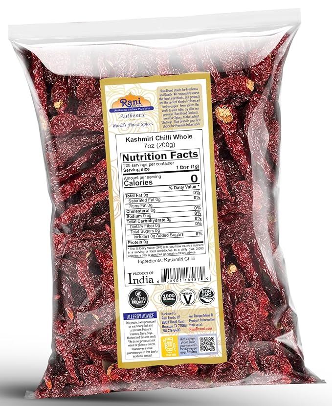Rani Kashmiri Chilli Whole (Deggi Mirch, Low Heat) 7oz (200g) ~ Natural | Salt-Free | Vegan | No Colors | Gluten Friendly | NON-GMO | Kosher | Indian Origin