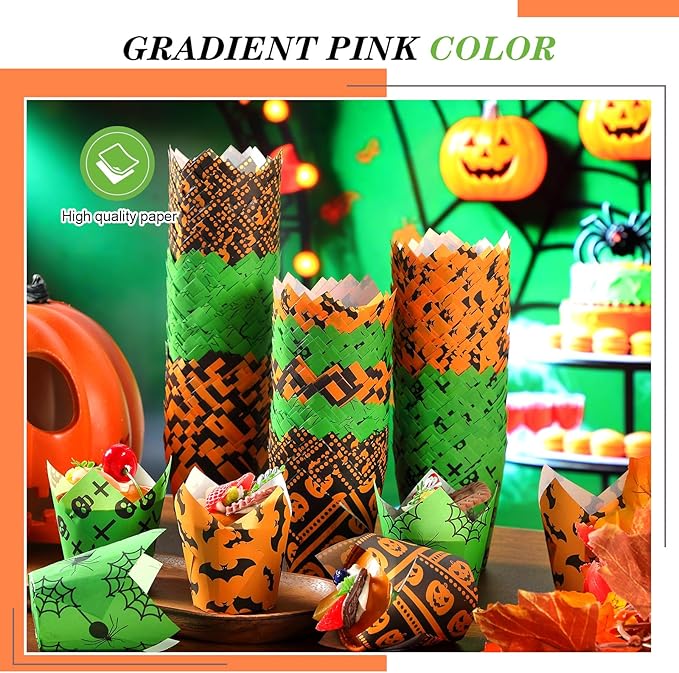 500 Counts Halloween Tulip Cupcake Liners Baking Paper Cups Wrappers Birthday Party Muffin Cupcake Baking Liners Grease Proof Cake Liner Holders for Halloween Party Supplies(Pumpkin)