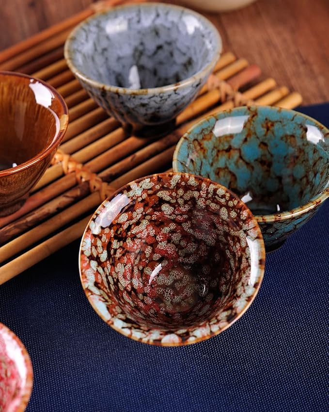 WHJY Ceramic, Japanese Sake Cups, Traditional Chinese Kung Fu Tea cups set Kiln Change Glazed. set of 6, 60ml/2oz