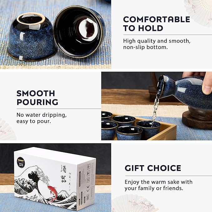 DUJUST 10 pcs Japanese Sake Set with Warmer for 6, Kiln Altered Glaze Porcelain Sake Set, 6 Sake Cups, 1 Sake Bottle, 1 Warmer, 1 Candle Stove, 1 Tray&1 Box, Warm Sake Carafe, Japanese Gifts- Darkblue
