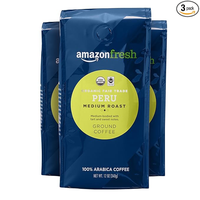 Amazon Fresh Organic Fair Trade Peru Ground Coffee, Medium Roast, 12 Ounce (Pack of 3)