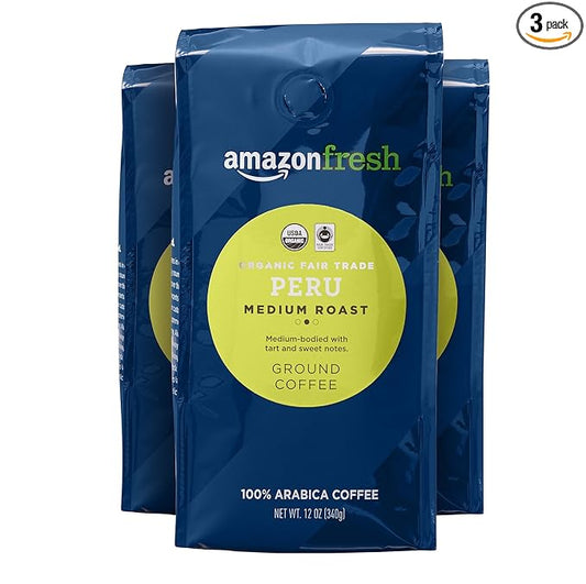 Amazon Fresh Organic Fair Trade Peru Ground Coffee, Medium Roast, 12 Ounce (Pack of 3)