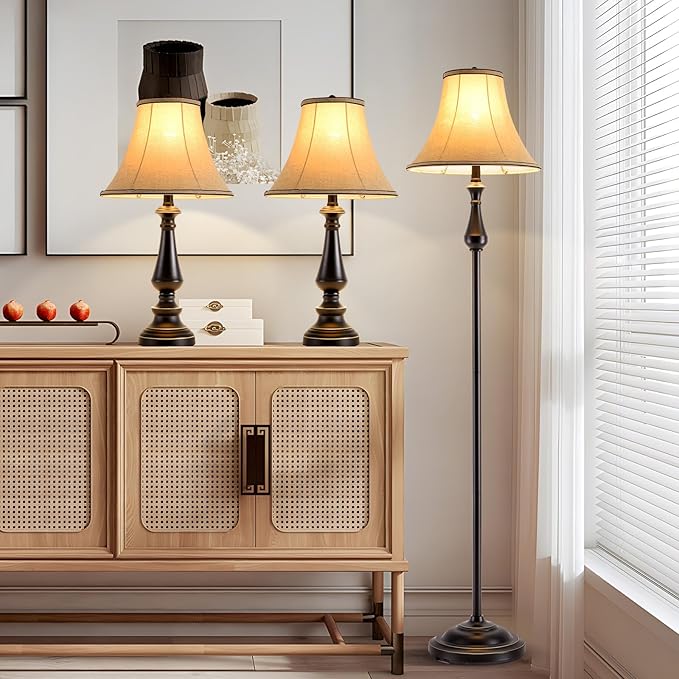 3-Piece Lamp Set (Table & Floor), Black Finish Vintage Brown Fabric Shades for Bedroom