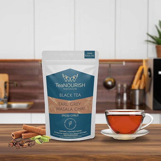 TeaNOURISH Earl Grey Masala Chai Tea | Spiced Citrus | Blend of Assam CTC, Cardamom, Cinnamon, Black Pepper, Clove, Natural Bergamot Extract | 100% NATURAL - 3.53oz/100g