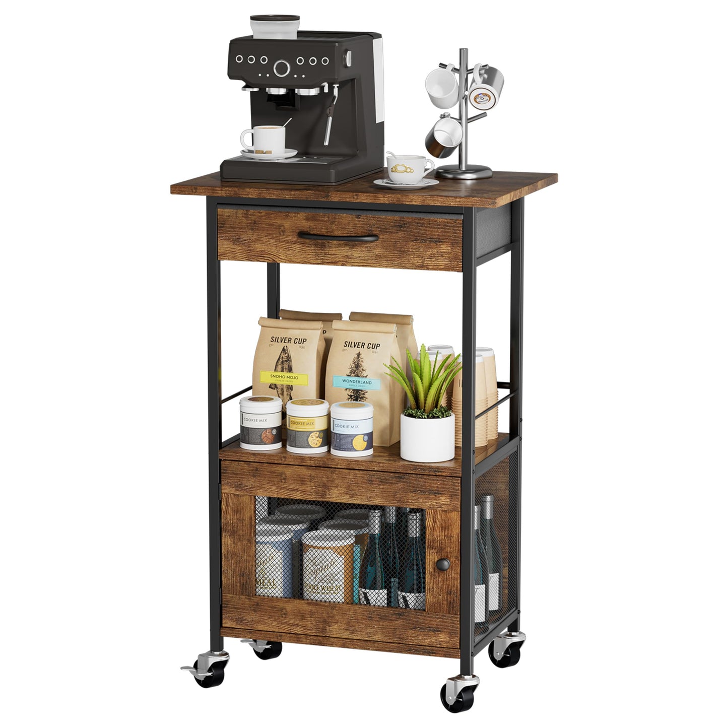 SWTYMIKI Buffets Coffee Bar Cabinet - Rolling Kitchen Rack, Farmhouse Small Coffee Stand with