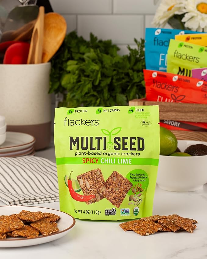Flackers Organic Spicy Chili Lime Multi-Seed Crackers, 4 Ounce 6-Pack, Gluten Free, Non GMO, Vegan, Keto Snack, 5g Protein, 6g Fiber, 3g Net Carbs