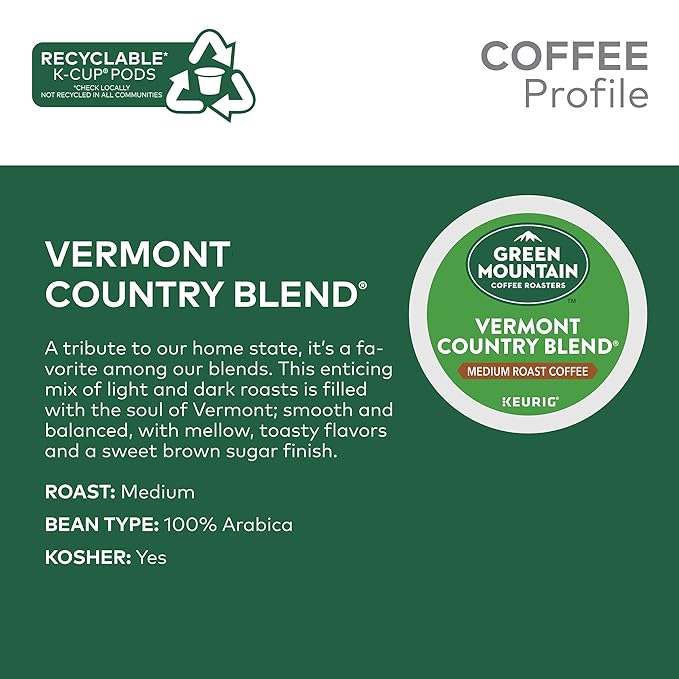 Green Mountain Coffee Roasters Vermont Country Blend Keurig Single-Serve K-Cup Pods, Medium Roast Coffee, 72 Count (6 Packs of 12)
