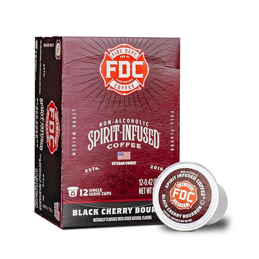 Fire Department Coffee - Black Cherry Bourbon Coffee K Cups - Gives Back to Firefighters - Premium Bourbon Infused Pods - Non-Alcoholic - Roasted in the USA - Veteran Owned - 12 Single Pods