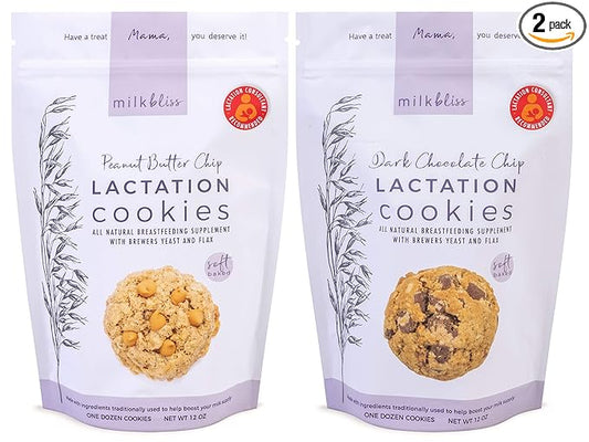 MilkBliss Soft Baked Lactation Cookies for Breastfeeding, All Natural and GMO Free Lactation Boosting Ingredients! Oats, Flaxseed, Brewers Yeast. 12 Count.