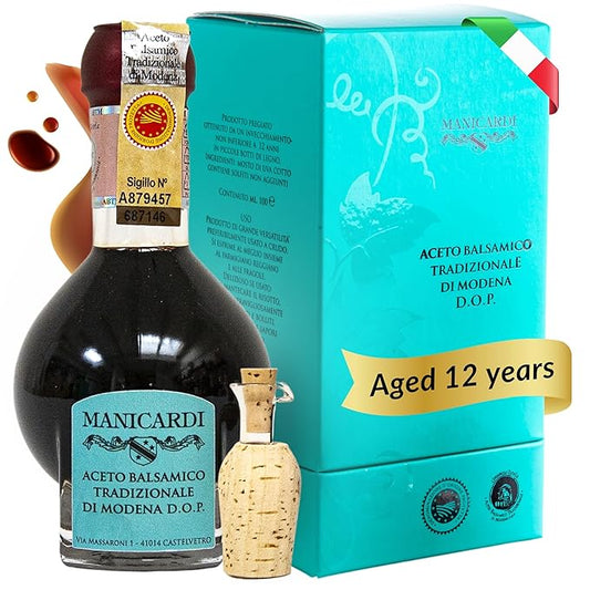 MANICARDI Traditional Balsamic Vinegar of Modena PDO Affinato Aged 12 Years - Aged Italian Vinegar Perfect for Snacks, Pasta, Vegetables, Salad Dressings, and Meat - Made in Italy, 3.38 Fl Oz (100 ml)