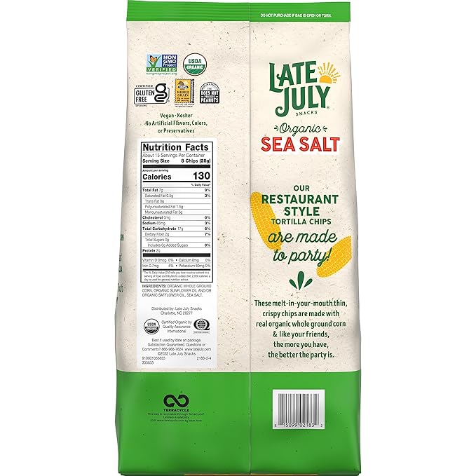 Late July Snacks Thin And Crispy Organic Tortilla Chips Sea Salt, 14.75 Oz (Pack of 2)