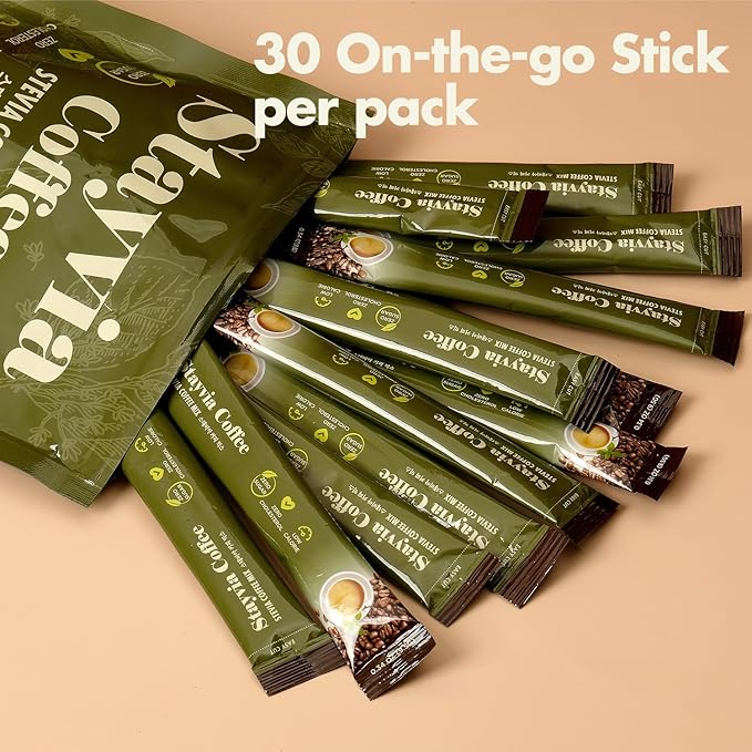 STAYVIA COFFEE Stevia Instant Coffee Packets - Korean Instant Latte with Sugar-Free & Low Calories - 30 Sticks (0.33oz) - Plant-Based Sweetener - Enjoy Caffeine Hot & Cold at Office, Home & Travel